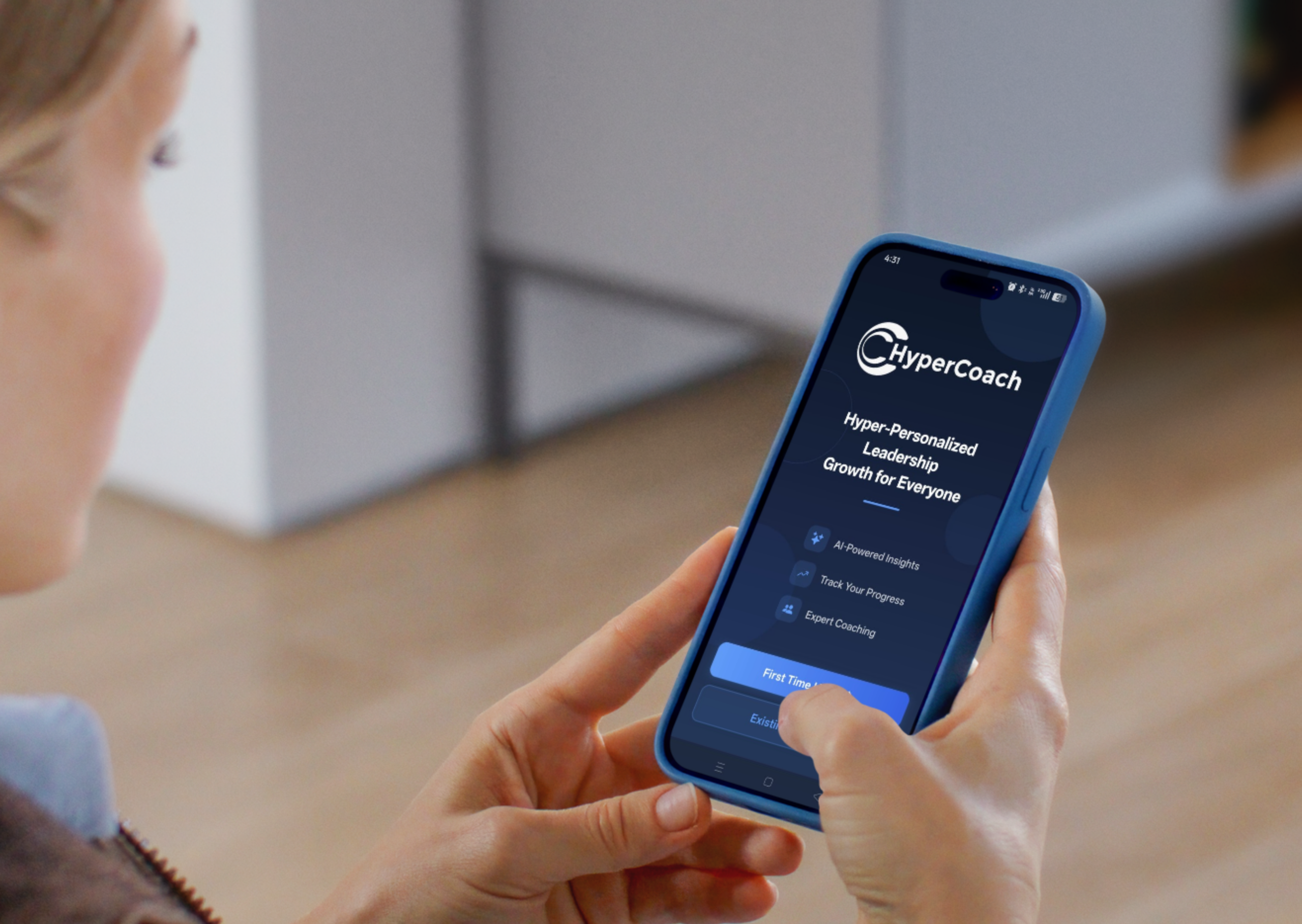 Hypercoach login page featuring the headline 'Hyper-Personalized Leadership Growth for everyone' over a modern, professional interface with email and password input fields.